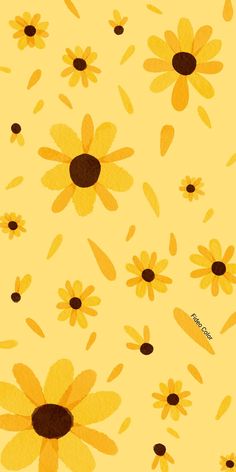 yellow and brown flowers on a light yellow background with black dots in the center,