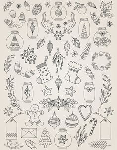 a collection of hand drawn christmas ornaments