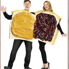 a man and woman holding peanut butter and jelly sandwich costumes for halloween or thanksgiving party