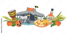 an image of some food and drinks in front of a hut