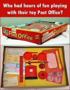 an open box with post office items in it and the words who had hours of fun playing with their toy post office?