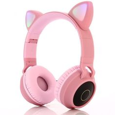 pink cat headphones with glowing ears are on display in front of a white background