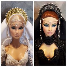 two mannequins wearing headdresses with pearls and beads on them