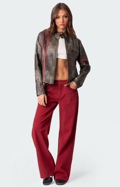 $112 Red Fall Fashion, Red Jacket Leather, Edgy Leather Jacket, Cotton Lycra Fabric, Streetwear Inspo, Black Streetwear, Faux Leather Fabric, Faux Leather Jacket, Fall Jackets