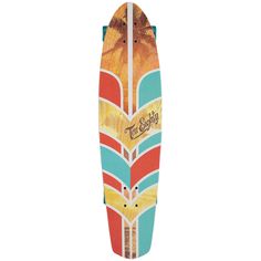 the longboard is painted with an orange, blue and yellow design on it's side