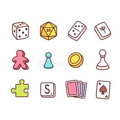 a set of different colored icons including dice, cards, and other items on a white background