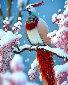 a colorful bird sitting on top of a tree branch covered in snow with berries all around