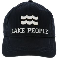 PREMIUM QUALITY: Hat, made from 100% high-quality cotton, comes packaged in a plastic polybag with a hang tag. A strap at the back of the hat allows for adjusting. IN-HOUSE DESIGN: "Lake People" text is embroidered and sewn-in with a frayed edge, as is the We People logo on the side of the hat. The brim features screen-printed text showing the "Lake People" logo. CARE INSTRUCTIONS: Wash by hand only with a damp cloth. Set out in the sun to dry. Cotton Baseball Cap With Logo, Cotton Baseball Cap With Curved Brim And Logo, Navy Adjustable Cotton Dad Hat, Navy Curved Bill Hat With Embroidered Logo, Cotton Dad Hat With Logo And Curved Bill, Casual Cotton Dad Hat With Logo, Navy Cotton Baseball Cap With Embroidered Logo, Navy Cotton Hat With Logo Patch, Adjustable Cotton Baseball Cap For Outdoor