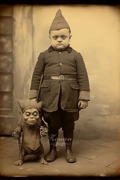 an old photo of a little boy dressed as a troll and a baby yoda