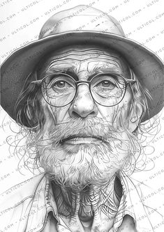 an old man with glasses and a hat is shown in this black and white drawing