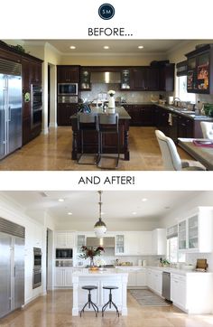 before and after pictures of a kitchen remodel with dark wood cabinets, stainless steel appliances, white marble countertops