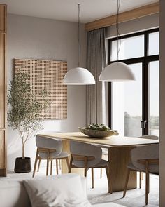 a dining room table and chairs in front of a large window