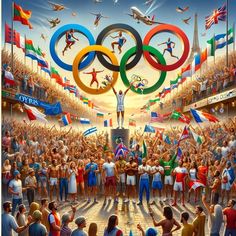 a painting of the olympic games being played in front of a large group of people