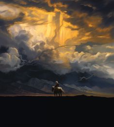 a man riding on the back of a horse under a sky filled with storm clouds