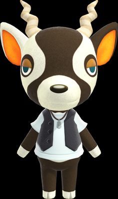 a stuffed animal with horns on it's head, wearing a white shirt and brown pants