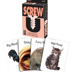 four cards with pictures of cats and birds on them, including one in the middle