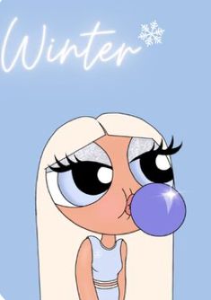 a cartoon girl blowing bubbles with the word winter above her head