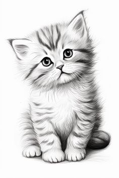 a black and white drawing of a kitten with big blue eyes sitting on the ground