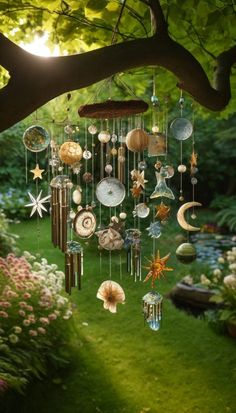 a wind chime hanging from a tree in a garden