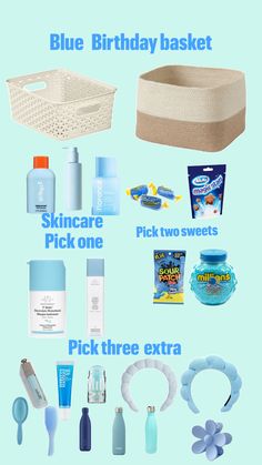 the contents of a blue birthday basket on a light blue background with text overlay