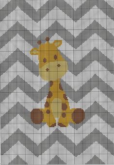 a cross stitch pattern with a giraffe sitting on it's side, in grey and white chevrons