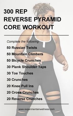 a woman in black workout clothes with the text, 300 rep reverse pyramid core workout