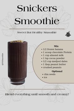 a chocolate smoothie in a tall glass next to an info sheet with instructions for how to make it