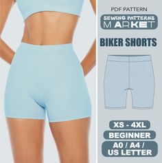 women's cycling shorts sewing pattern with the measurements for each side and front view