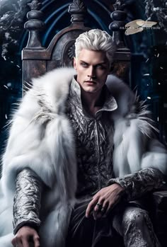 a man with white hair sitting on a throne in front of a snow covered background