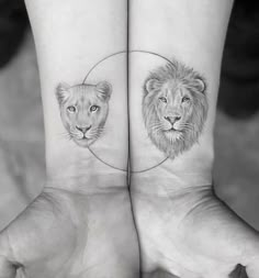 two people holding hands with tattoos on their wrists and one has a lion head in the middle