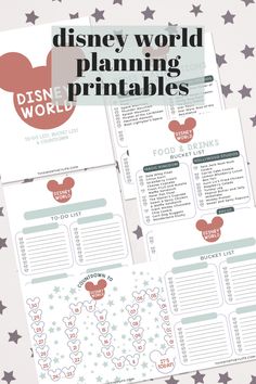 the disney world planning printables with mickey mouse ears on top and stars in the background