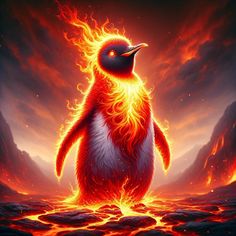 a painting of a penguin standing on fire