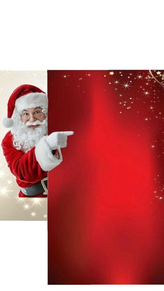 a santa clause pointing at something on a red and white background with gold sparkles