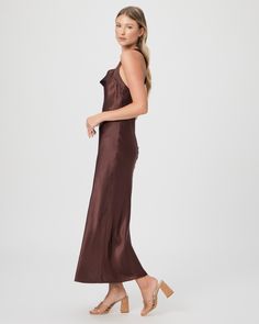 Made from our luxuriously soft and smooth silk satin, this sleeveless bias-cut midi dress is designed with a cowl neckline and twisted back straps. In a chic dark brown shade, the Marcel Dress is perfect for your next special occasion. | Marcel Dress - Rum Raisin Silk Satin | Size 00 Brown Midi Dress, Rum Raisin, Ladies Day Dresses, Silk Satin Dress, Denim Midi Dress, Brown Shade, Maxi Dress Navy, Floral Print Maxi Dress, Cowl Neckline