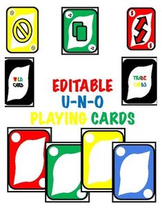 an image of various playing cards with different colors and symbols on them, including the letter u - n - o