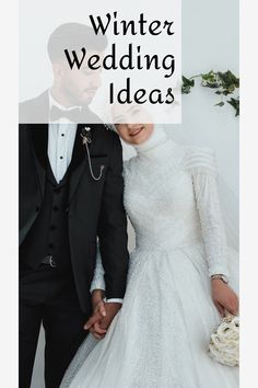 a man and woman in formal wear standing next to each other with the words winter wedding ideas