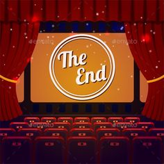 an empty theater with red curtains and the end sign