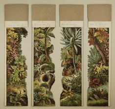 three paneled artwork depicting tropical plants and animals