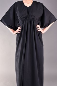 "Very romantic caftan dress in black. The main advantages of this long black dress are the kimono sleeves and the loose fit cut which hides any flaws while the gathered detail under the bust emphasizes the top part of the body. This black maxi dress is very comfortable so it is a great choice for the daytime matched with flats. ^ Sizes: The item can be made in sizes from XXS to 7XL. Please, use the size chart below or if you are not sure about your size, just * contact us with your measures! ^ E Chic Black Batwing Sleeve Dress, Chic Black Dress With Batwing Sleeves, Black V-neck Day Dress, Black Tunic Dress For Spring, Chic Black V-neck Kaftan, Elegant Black Batwing Sleeve Dress, Black Batwing Sleeve Evening Dress, Black Evening Dress With Batwing Sleeves, Black Kaftan With Kimono Sleeves For Spring