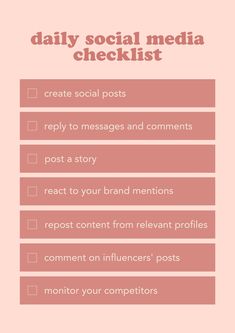 the daily social media checklist is shown in pink and white, with text on it