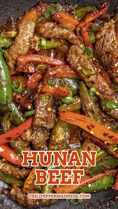 the beef and peppers are being cooked in a wok with text that reads, human beef