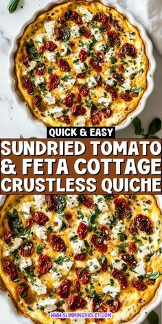 Sundried tomato and feta add a Mediterranean flair to this cottage cheese crustless quiche. Easy to make and full of bold flavors, it's a high-protein meal option that's perfect for any time. Save this pin and check out the recipe for a tasty twist! Crustless Caprese Quiche, Cheese And Tomato Quiche, Vegetarian Crustless Quiche Recipes, Quiche Recipes Feta, Spinach Sundried Tomato Quiche, Sundried Tomato Eggs, Ricotta Quiche Crustless, High Protein Low Carb Quiche, Sundried Tomato Breakfast