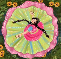 a painting of a girl in a pink dress on top of a green frisbee