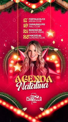 a flyer for a christmas party with a woman singing into a microphone and lights on the background