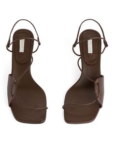 Toteme Sandals Outfit, Toe Strap Sandals, Shoes With Ankle Straps, Designer Summer Shoes, Chocolate Brown Sandals, Heels For Brown Dress, Short Strappy Heels, Heel Aesthetic, Dark Brown Heels