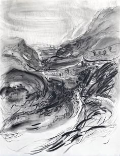 black and white drawing of mountains with trees