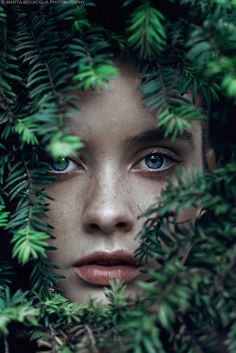 a woman with blue eyes hiding behind green leaves