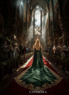 a woman in a green dress standing at the end of a church aisle as people look on