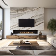 modern living room with fireplace and large screen tv on the wall, white couches