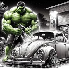 the incredible hulk is washing his volkswagen beetle